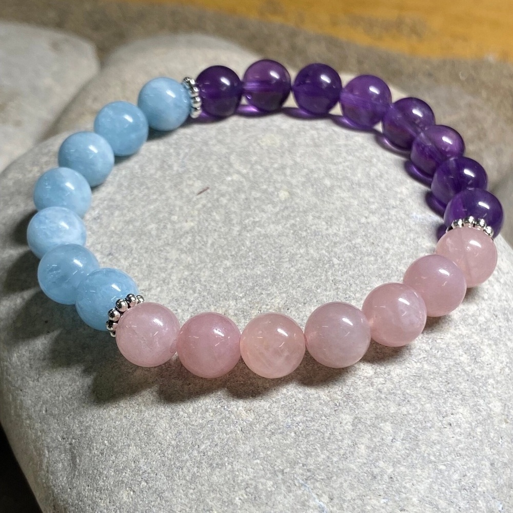 3/$40 NWOT Handmade Amethyst, Rose Quartz & Aquamarine Bracelet